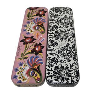 2 BRIGHTON METAL TIN Watch Case Gift Box Empty Black/White Print & Pink Floral